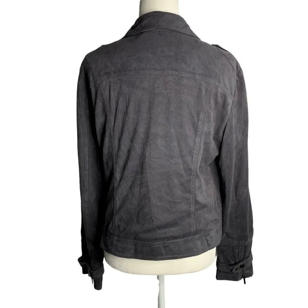 BNCI Blanc Noir Faux Suede Moto Jacket L Grey Asymmetrical Zipper Pockets Lined